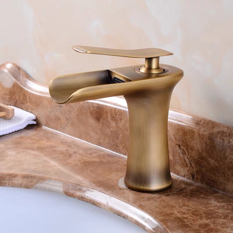 Gold Messing Spüle Becken Wasserhähne heißes kaltes Wasser Eingriff Mixer Bad Antike Wasserhahn Wasserfall Crane Taps TM-Fa-E008