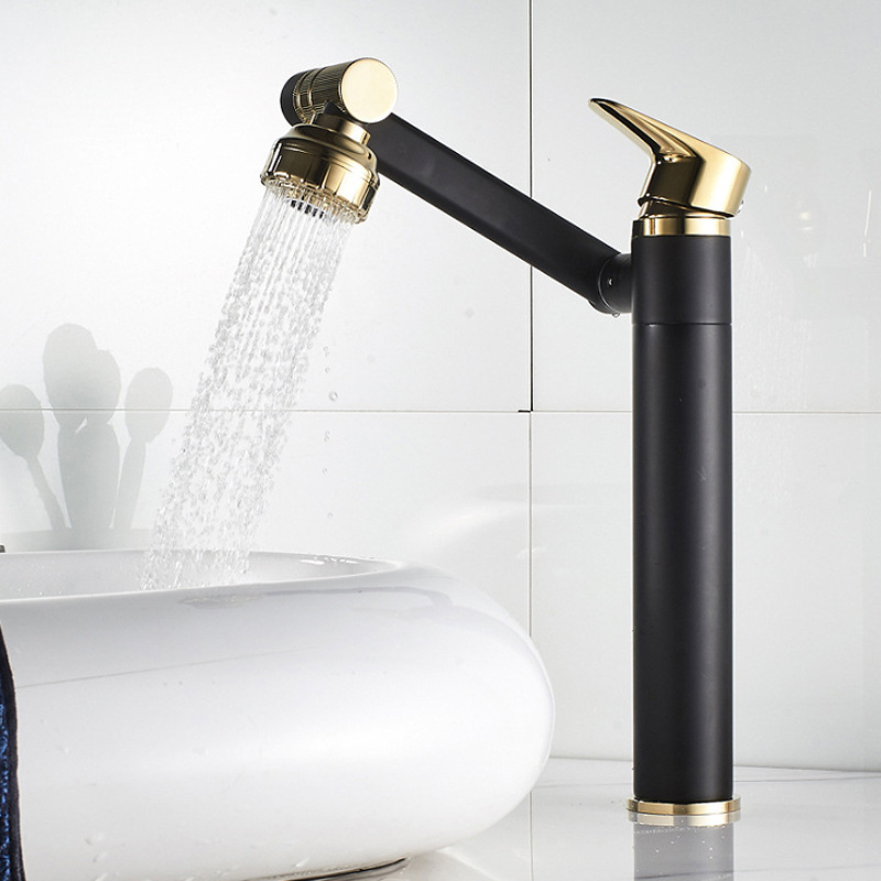 Robinet de lavabo de salle de bains, mitigeur d'évier noir doré à poignée unique, lavabo rotatif économie d'eau chaude et froide en acier inoxydable AK-C04